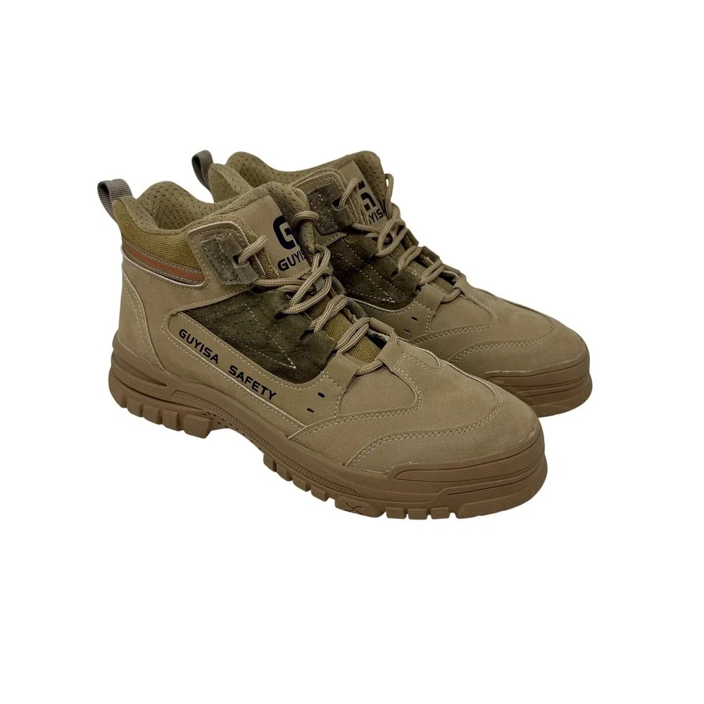 GUYISA Safety Tan Work Hiking Boots Mid Top Steel Toe GB21148-2020 Men's Sz 44